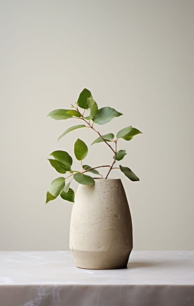Planta verde en maceta con ramas finas en un jarrón de cerámica beige sobre una mesa blanca contra una pared lisa.