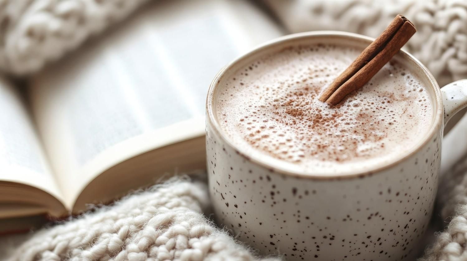 Una taza acogedora de chocolate caliente espumoso con ramitas de canela junto a un libro abierto y una manta de punto.