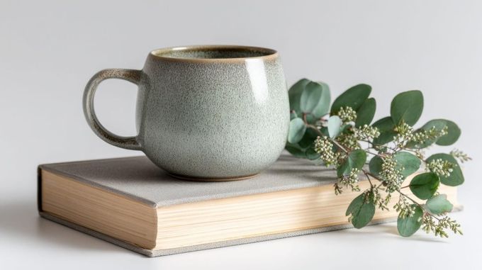 Una taza de cerámica moteada sobre un libro junto a ramitas de eucalipto verde.