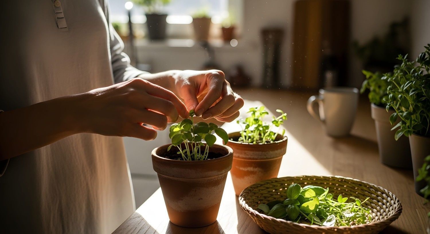 Manos plantando hierbas en pequeñas macetas sobre una encimera de cocina iluminada por el sol.