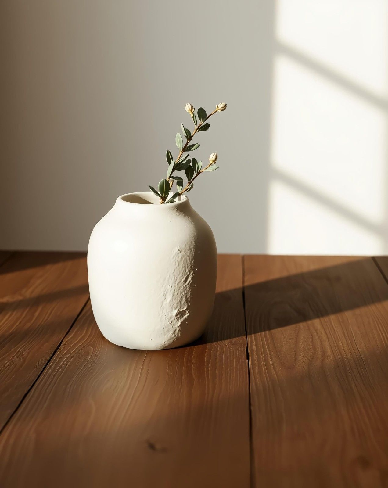 Jarrón de cerámica blanca con una pequeña ramita sobre una mesa de madera bajo la cálida luz del sol.
