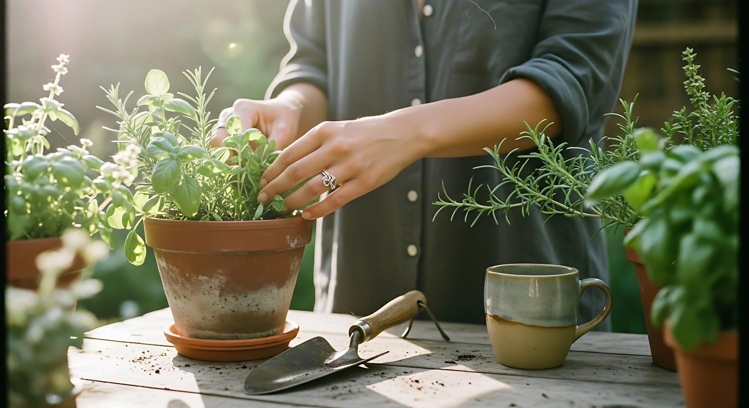 Unas manos trasplantan una pequeña planta de hierbas sobre una mesa soleada, con herramientas de jardinería y una taza cerca.