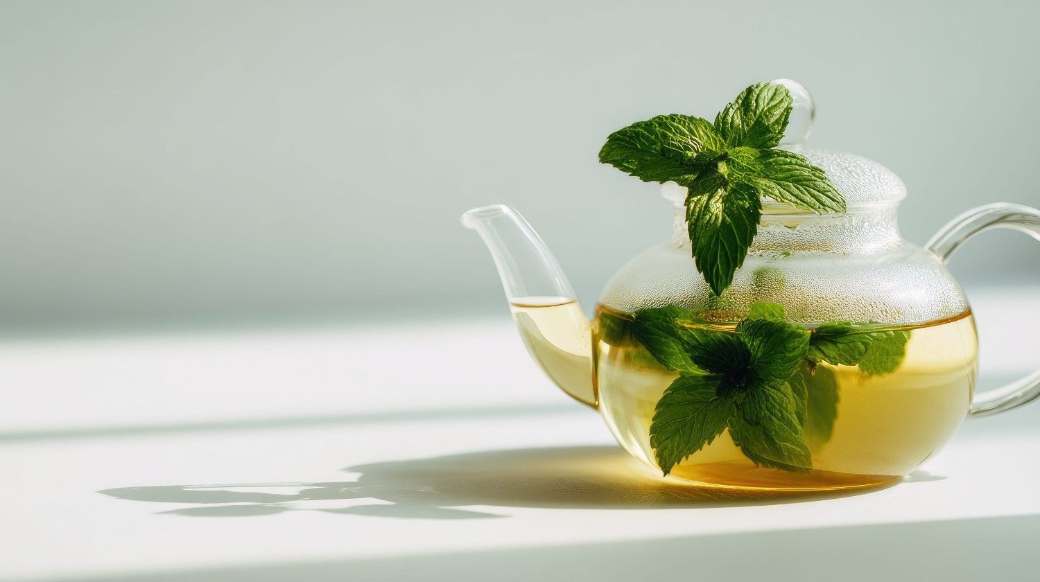 Tetera de cristal con té ámbar y hojas de menta fresca sobre una superficie blanca brillante.