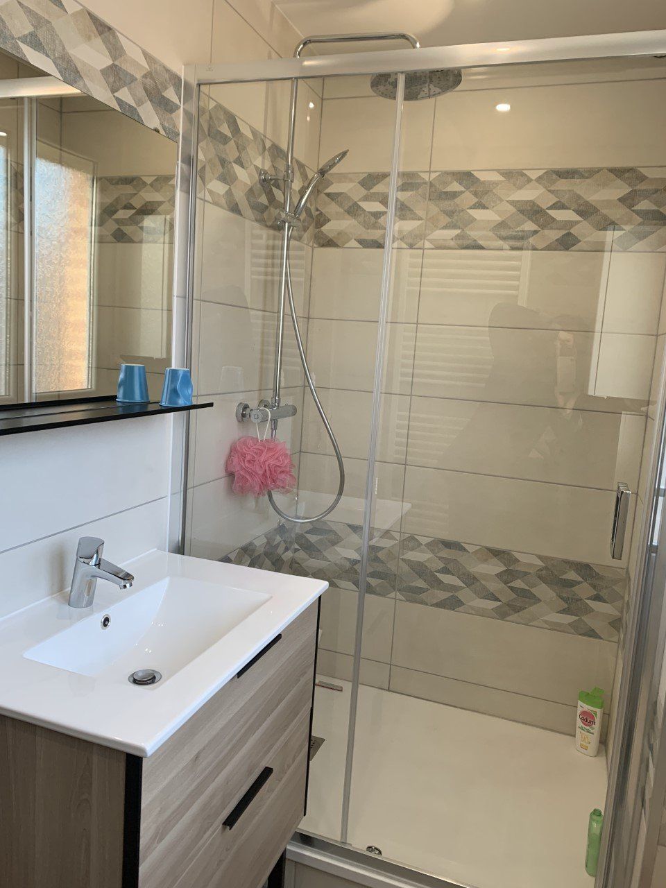 Salle de bains avec une cabine de douche vitrée et une vasque