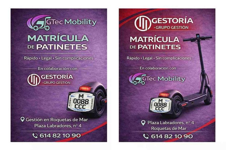Dos folletos promocionales para servicios de registro de patinetes eléctricos que muestran un patinete.
