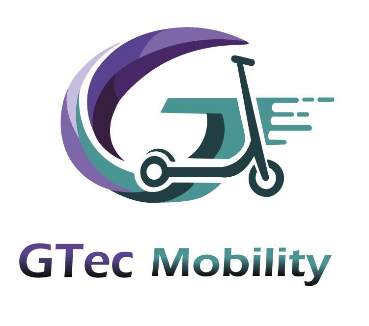 Logotipo de GTec Mobility que presenta una "G" estilizada de color púrpura integrada con un patinete eléctrico.