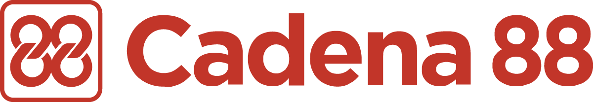 Un logotipo rojo para Cadena 88, que presenta un símbolo estilizado similar al infinito dentro de un cuadrado redondeado junto al nombre de la marca.