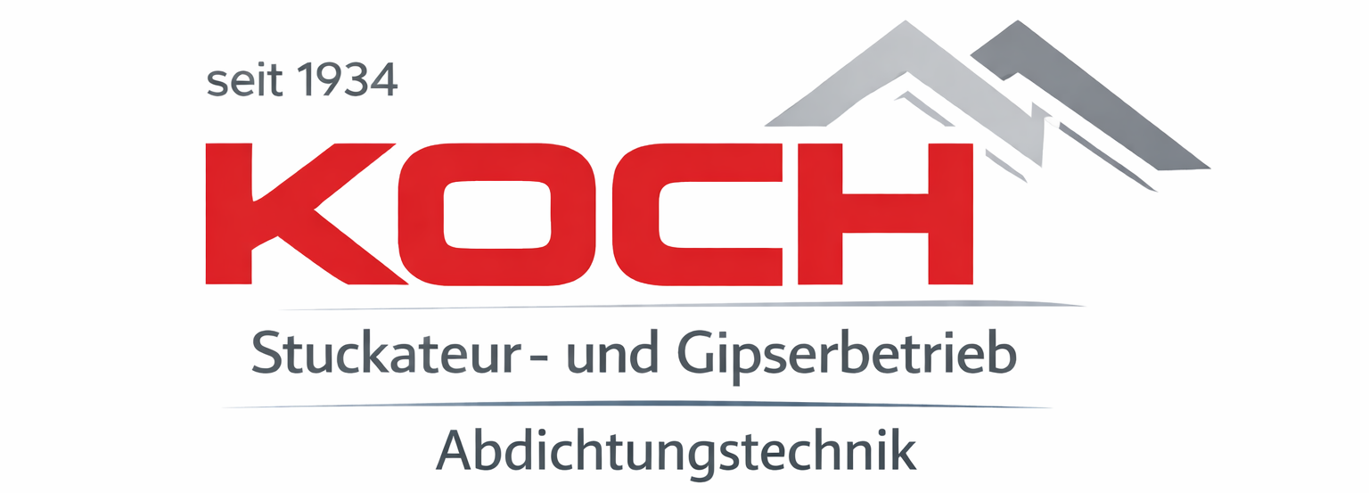 Logo for Koch, Stukkateur- und Gipsbetrieb, established in 1934. Red text 