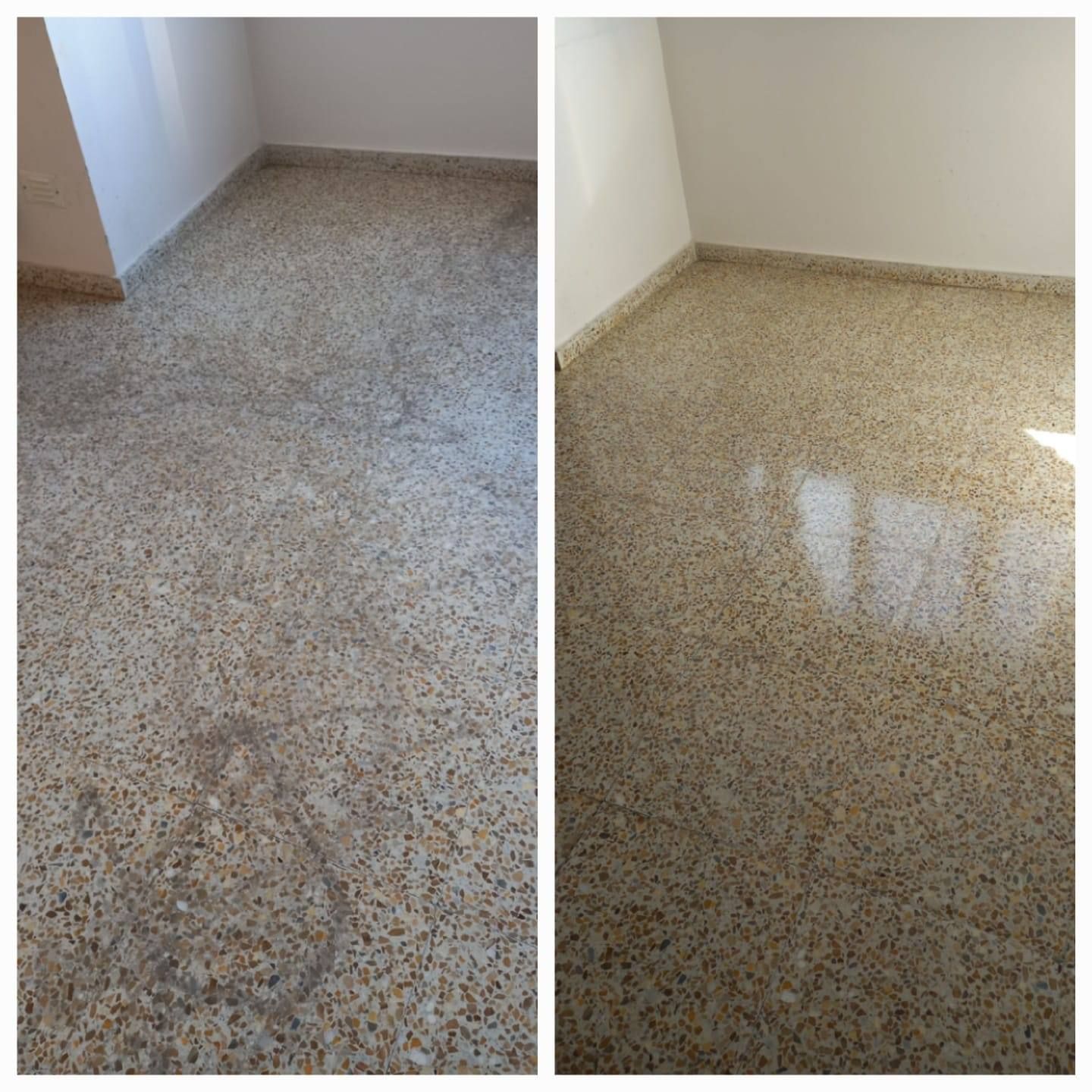 Una foto de antes y después de un piso de mármol en una habitación.