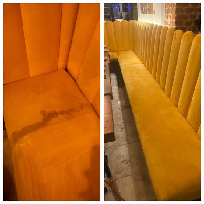 Una fotografía de antes y después de un sofá amarillo en un restaurante.