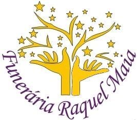 Logotipo da Funer&aacute;ria Raquel Maia: m&atilde;os douradas estendendo-se em dire&ccedil;&atilde;o a uma &aacute;rvore dourada com estrelas; texto roxo.