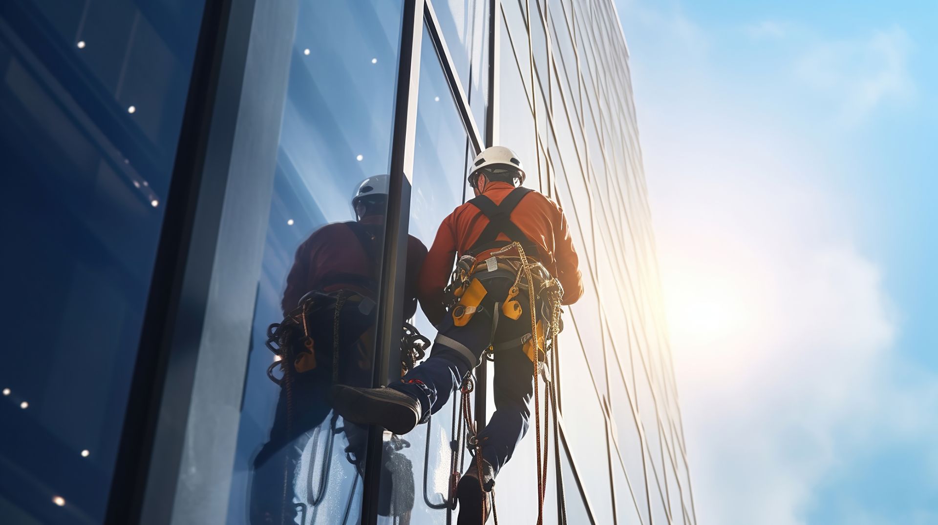 Cordiste face à une vitre