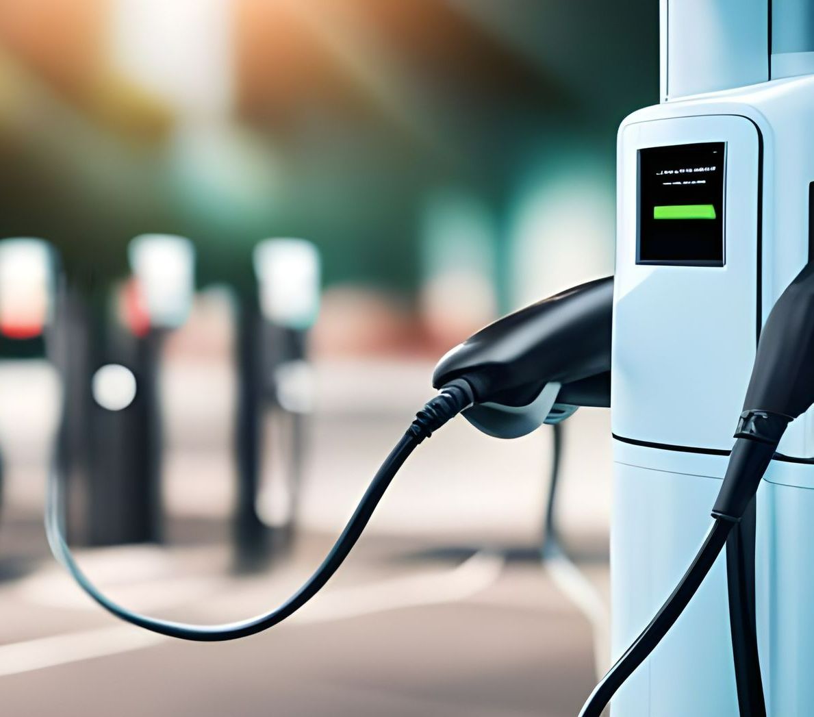 Une borne de recharge avec un câble bleu.