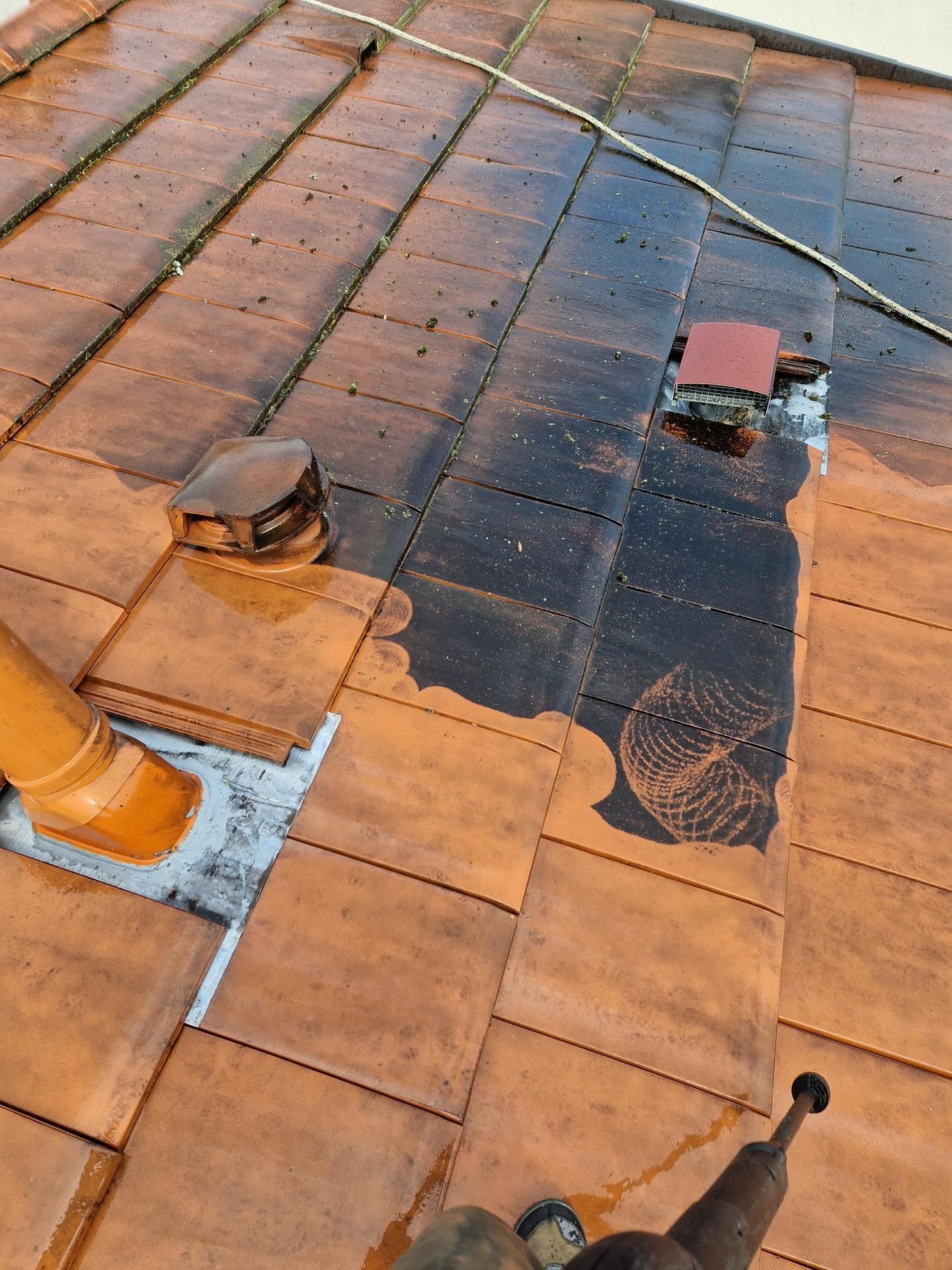 Nettoyage de toiture en cours.