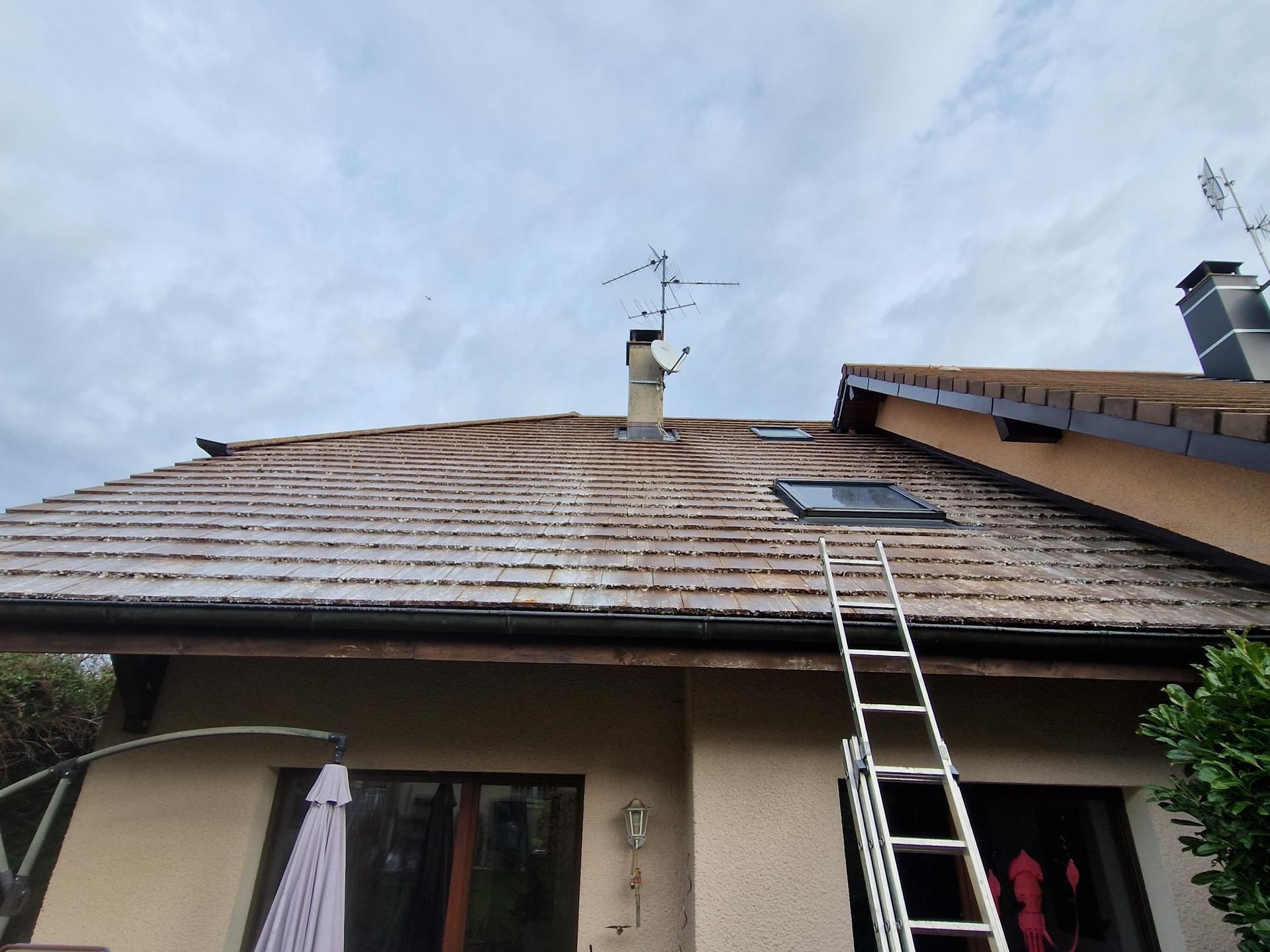 Nettoyage d'une toiture avec une échelle.