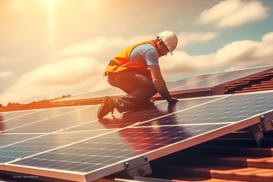 Arbeiter installiert Solaranlage