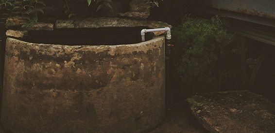 Ancien puits en pierre avec une poignée en métal dans un coin sombre et moussu d'un jardin