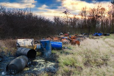 Barils abandonnés et déchets dans un champ avec des arbres dénudés en arrière-plan.