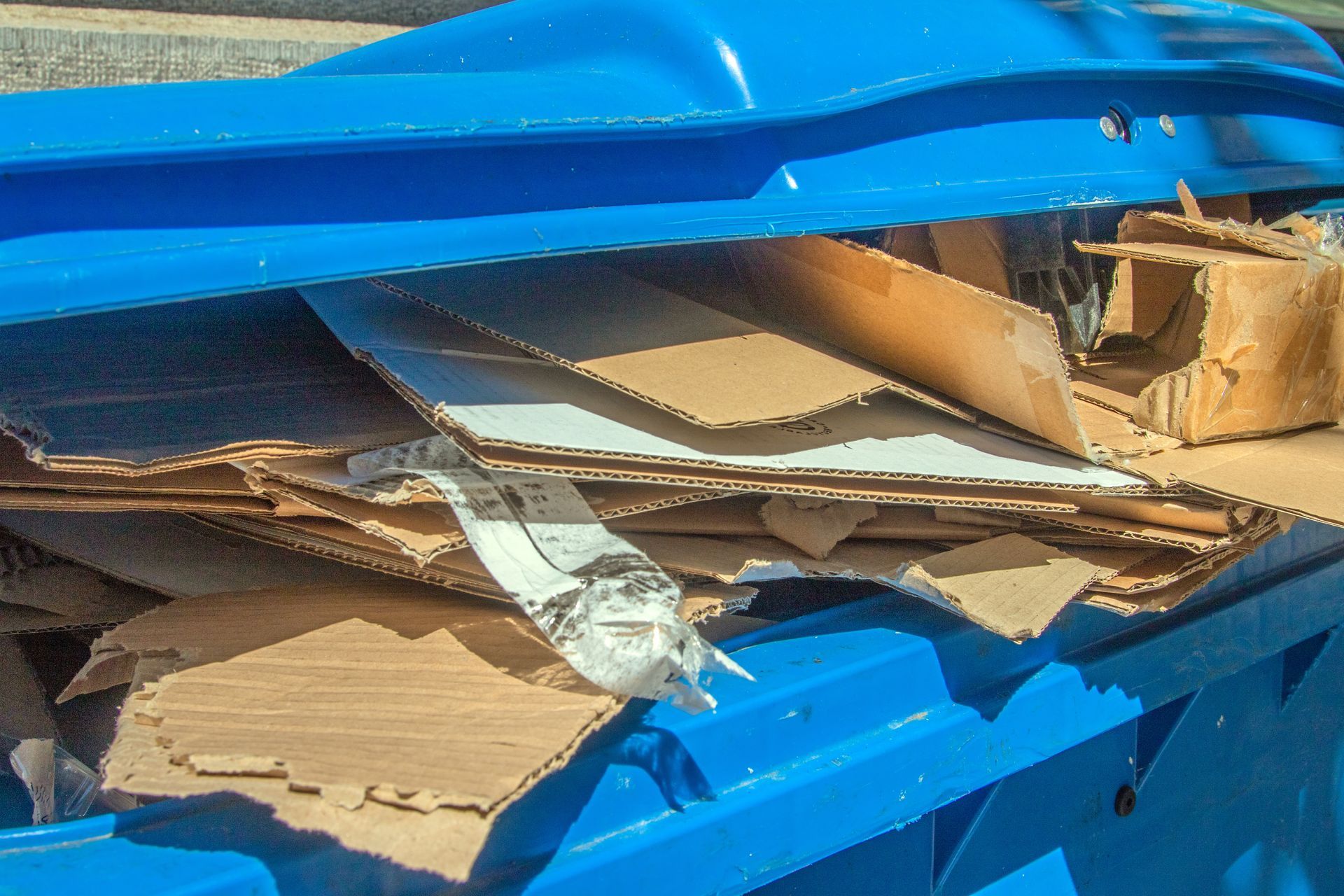 Une benne bleue remplie de cartons et de débris d'emballage.