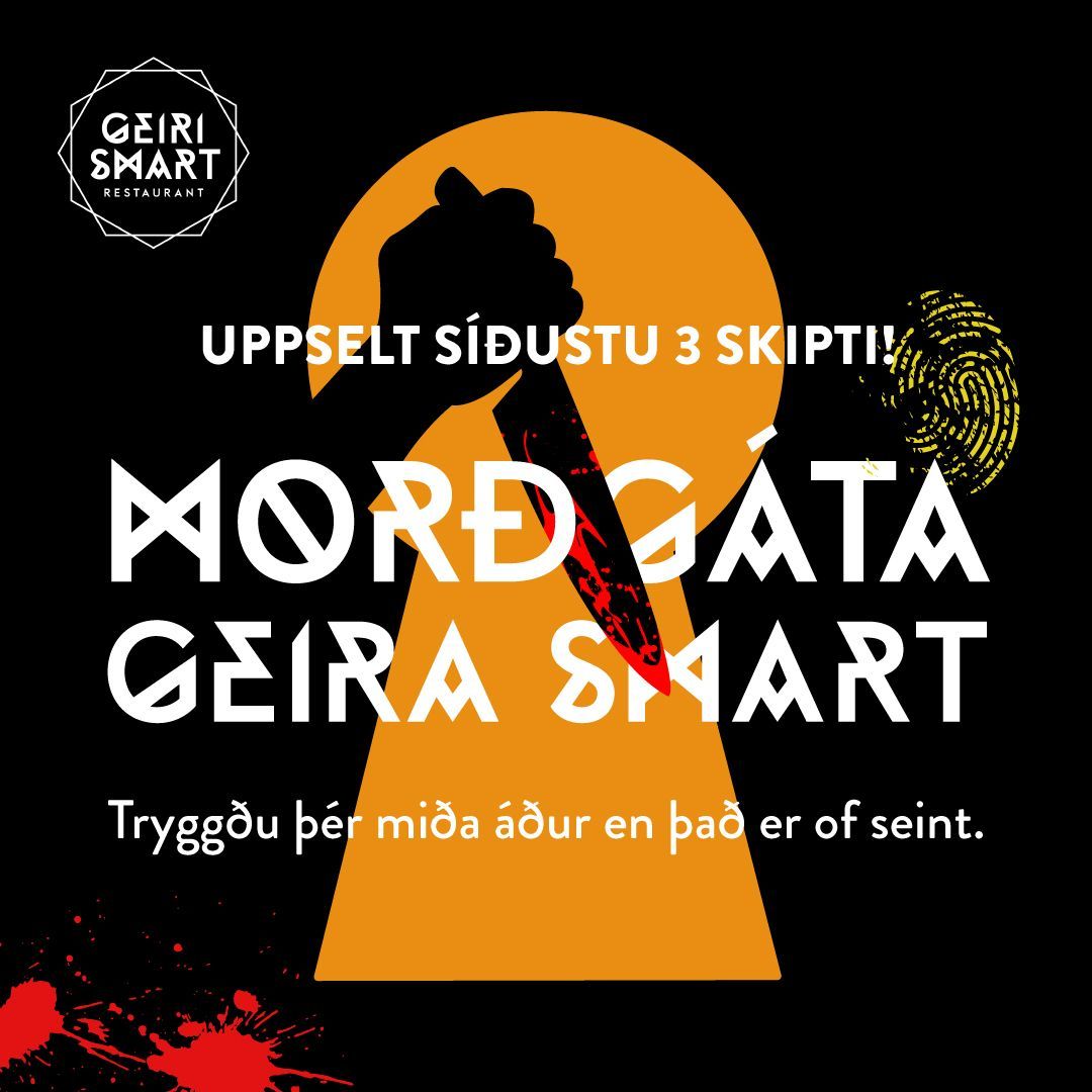 Dökkt tónleikaplakat með appelsínugulum lykilgatseyðublaði, hvítum texta: MORD GATA, 28. mars–25. apríl og íslensku slagorði.