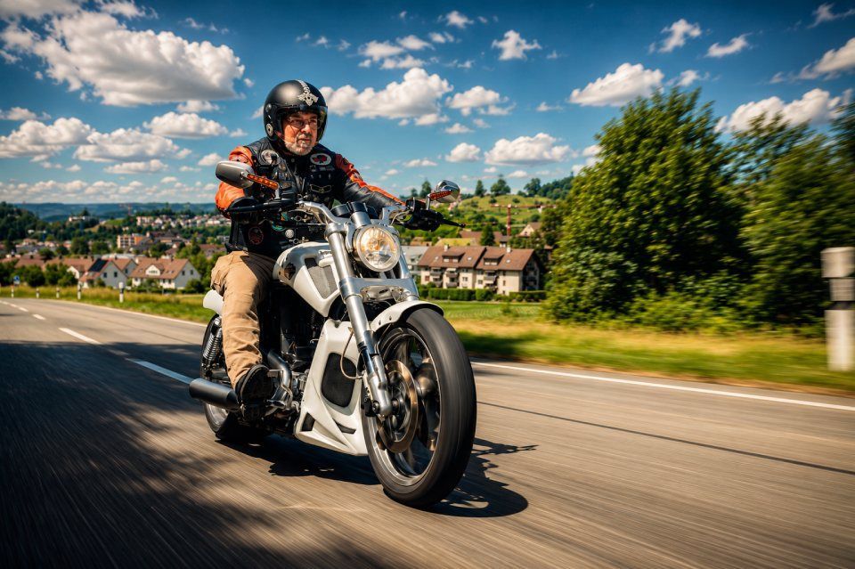 Motorradfahrer fährt auf einem verchromten Cruiser auf einer Strasse mit grünen Bäumen und Häusern unter blauem Himmel