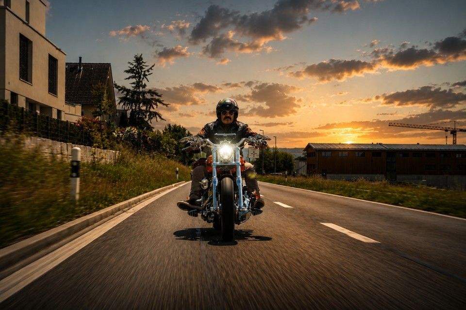 Ein Motorradfahrer fährt bei Sonnenuntergang eine Strasse entlang, die Scheinwerfer sind eingeschaltet.