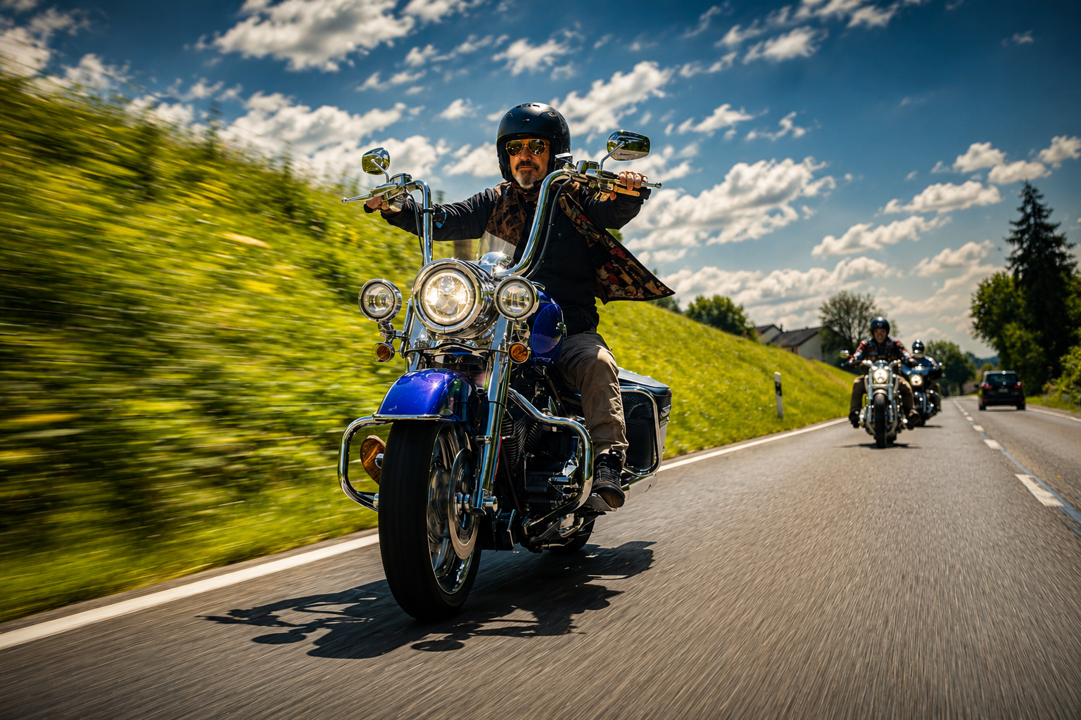 Ein Motorradfahrer fährt auf einer sonnigen Strasse.