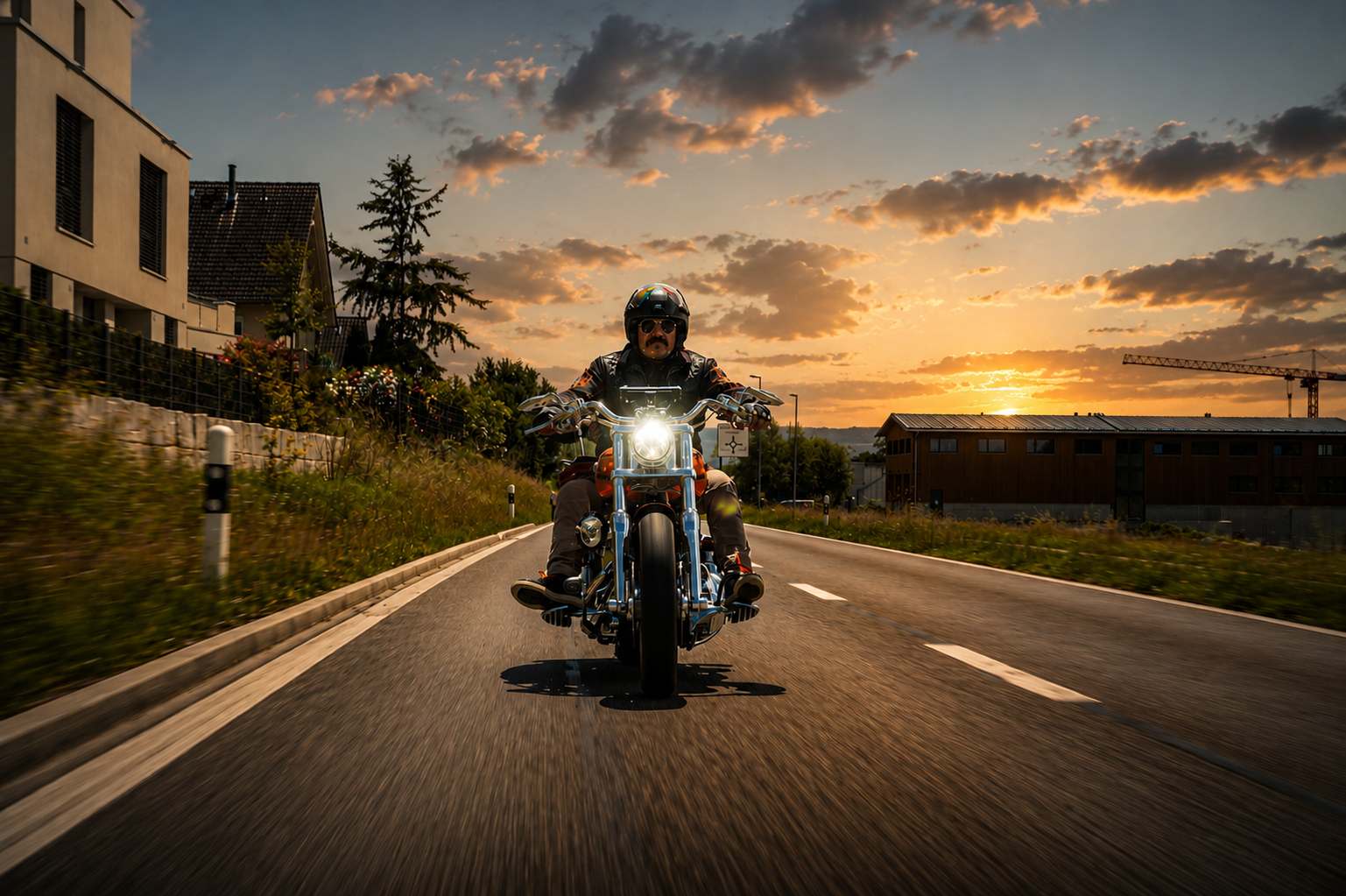 Motorradfahrer auf einer Strasse bei Sonnenuntergang, Scheinwerfer an, mit Gebäuden und Bäumen am Straßenrand