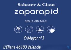 Letrero de Zaparapid en blanco sobre azul, con la direcci&oacute;n C/Mayor n&deg;3, L'Eliana 46183 Valencia