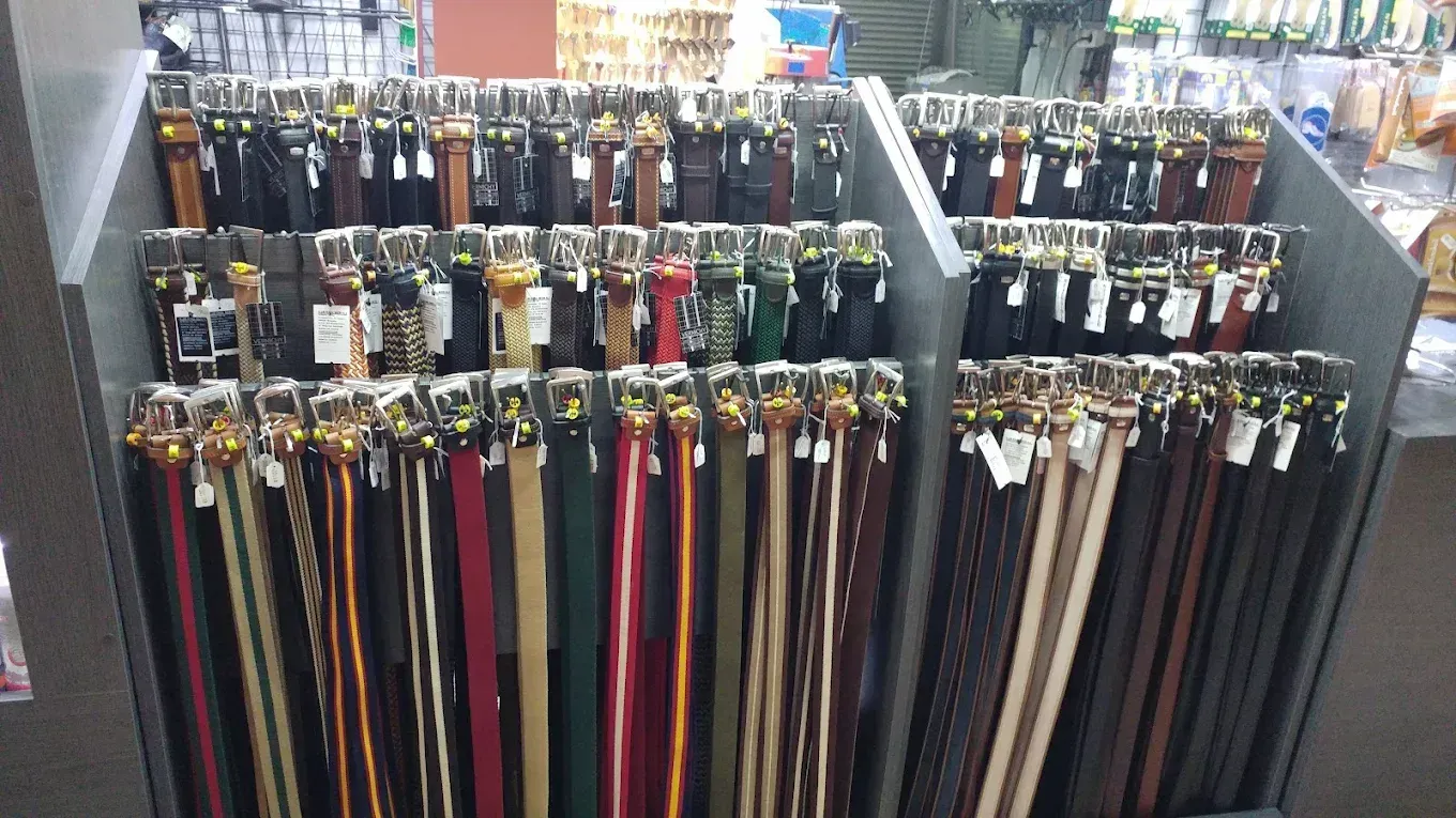 Exhibición de cinturones surtidos con hebillas metálicas dispuestos en filas en una tienda minorista.