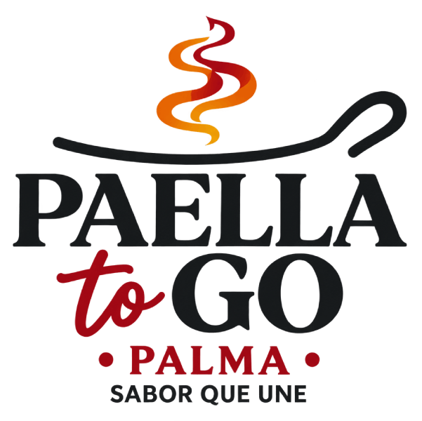 Logotipo de Paella to Go Palma con una paellera roja humeante y texto negro sobre fondo blanco.