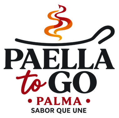 Logotipo de Paella to Go Palma con una paellera roja humeante y texto negro sobre fondo blanco.