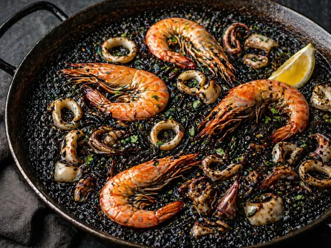 Paella de marisco con gambas, calamares y rodajas de limón en una sartén negra.
