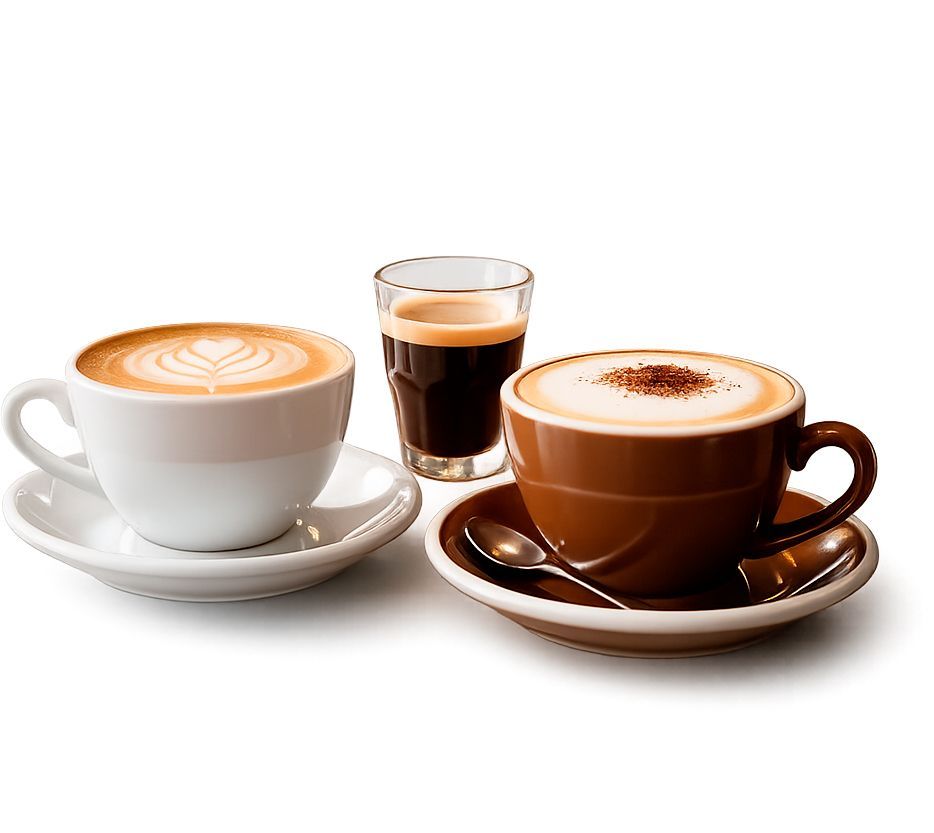 Dos tazas de café con leche con un pequeño vaso de chupito de espresso sobre un fondo blanco.