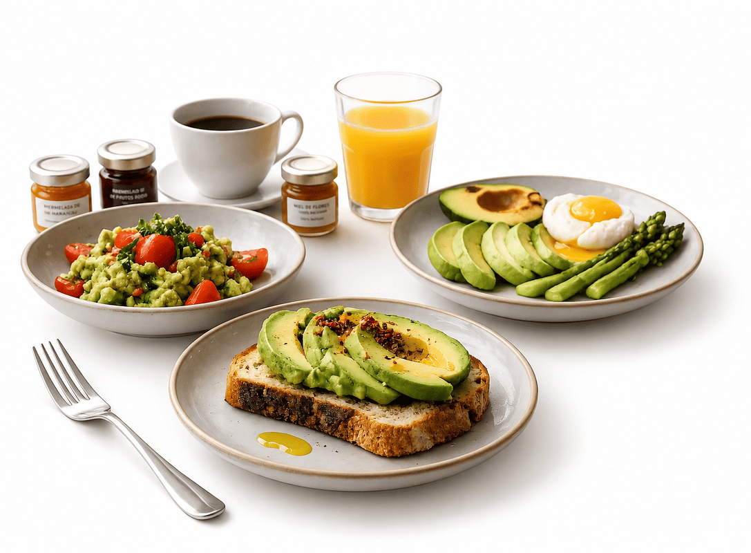Desayuno saludable con tostadas de aguacate, huevos, ensalada de frutas, espárragos, café, zumo de naranja y condimentos.