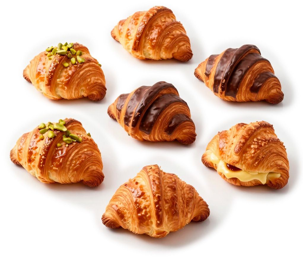 Surtido de croissants sobre fondo blanco, incluyendo croissants simples, de chocolate y con pistacho.