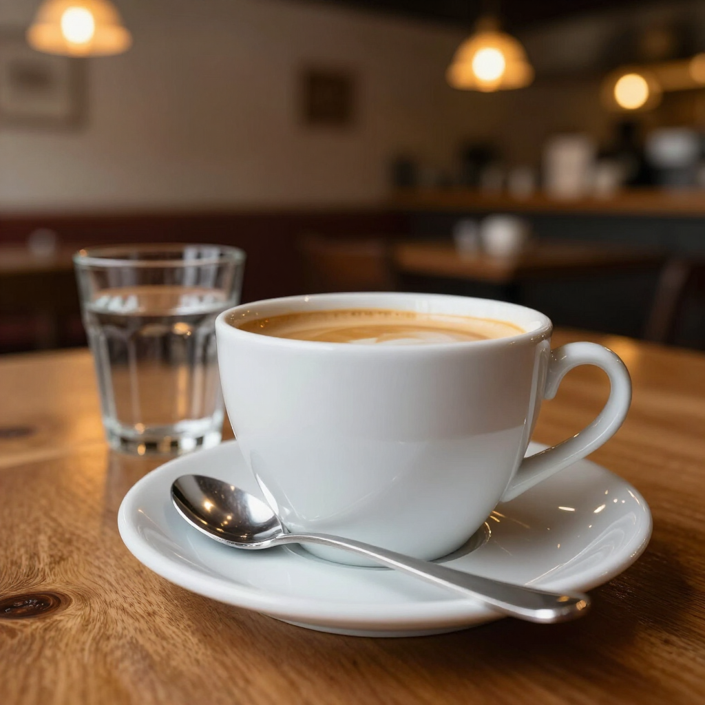 Taza de café blanca sobre platillo con cuchara y vaso de agua sobre una mesa de café de madera, fondo cálido difuminado.