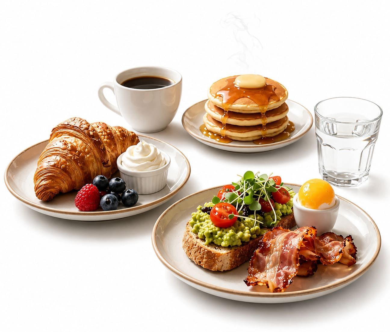 Desayuno completo con croissant, panqueques, huevos, tocino, frutos rojos, café y agua en platos blancos.