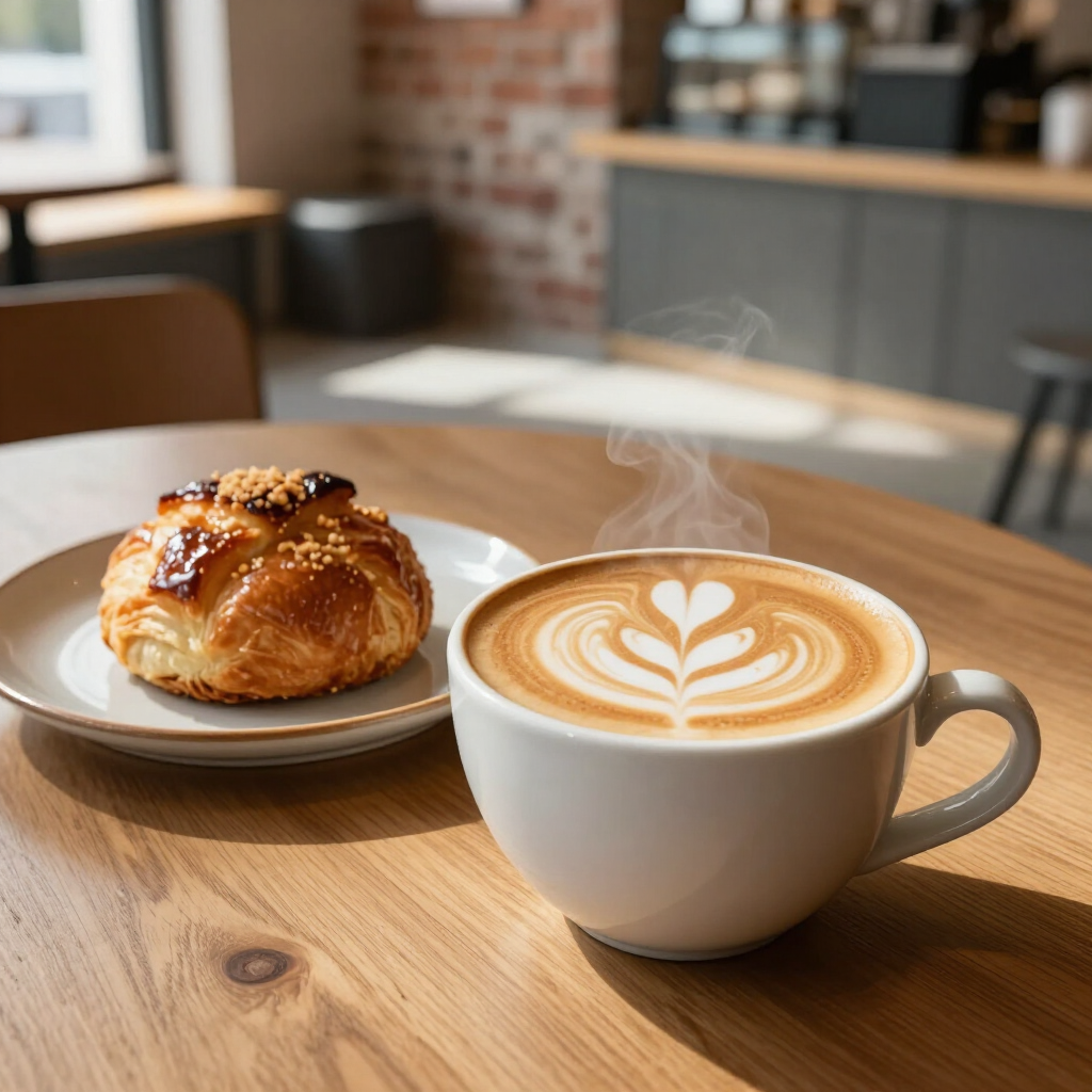 Un café con leche decorado con arte latte y un pastelito sobre una mesa de madera en una acogedora cafetería.