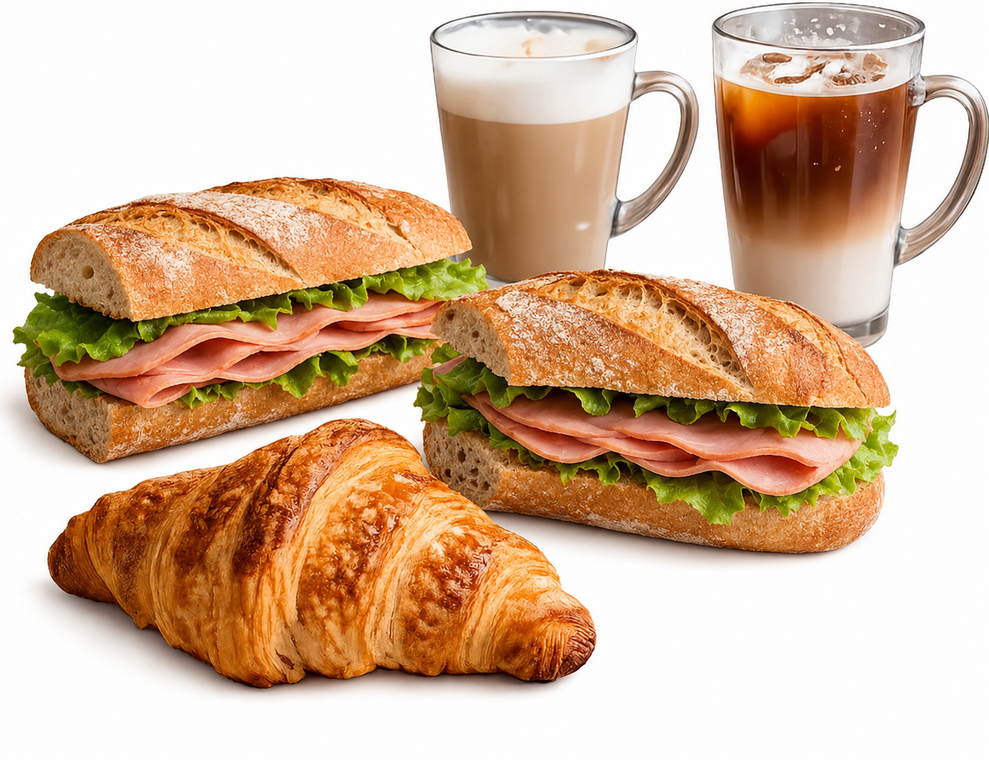Sándwiches, un cruasán y dos bebidas de café sobre un fondo blanco.