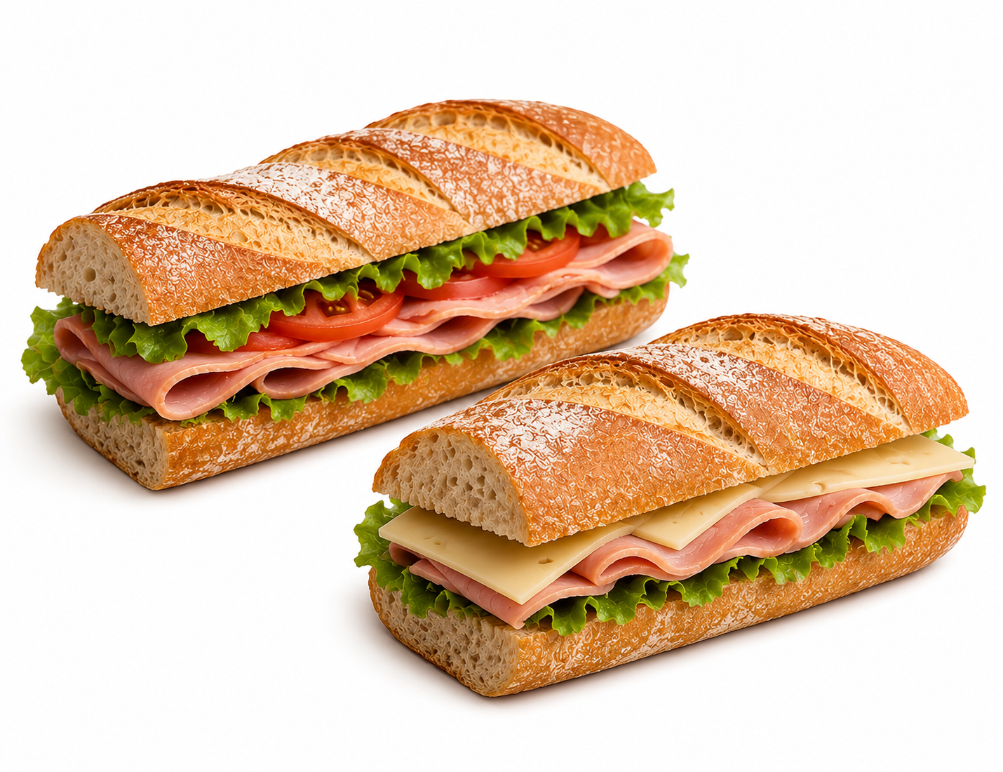 Variedad de sándwiches, pasteles y tazas de café dispuestos en platos blancos sobre un fondo blanco.
