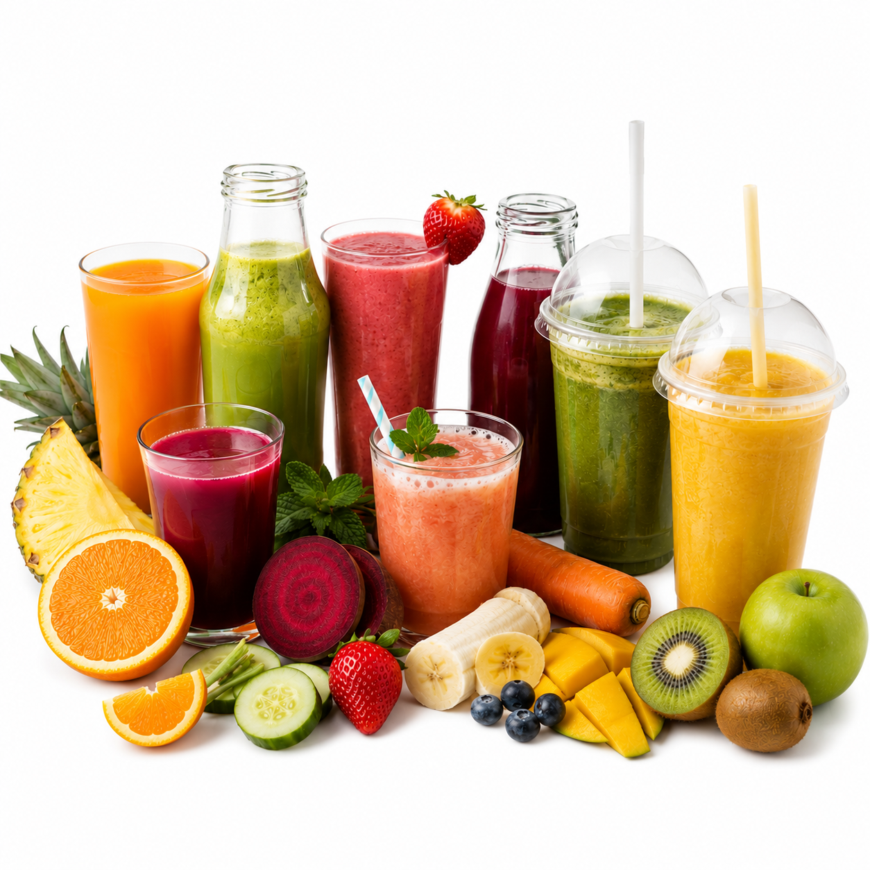 Batidos variados de frutas y verduras de colores con productos frescos sobre un fondo blanco.