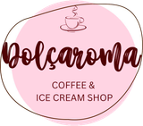 Logotipo de la cafetería y heladería Dolçaroma con óvalo rosa, texto marrón y un icono de taza de café.