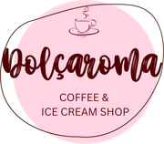 Logotipo de la cafetería y heladería Dolçaroma con óvalo rosa, texto marrón y un icono de taza de café.