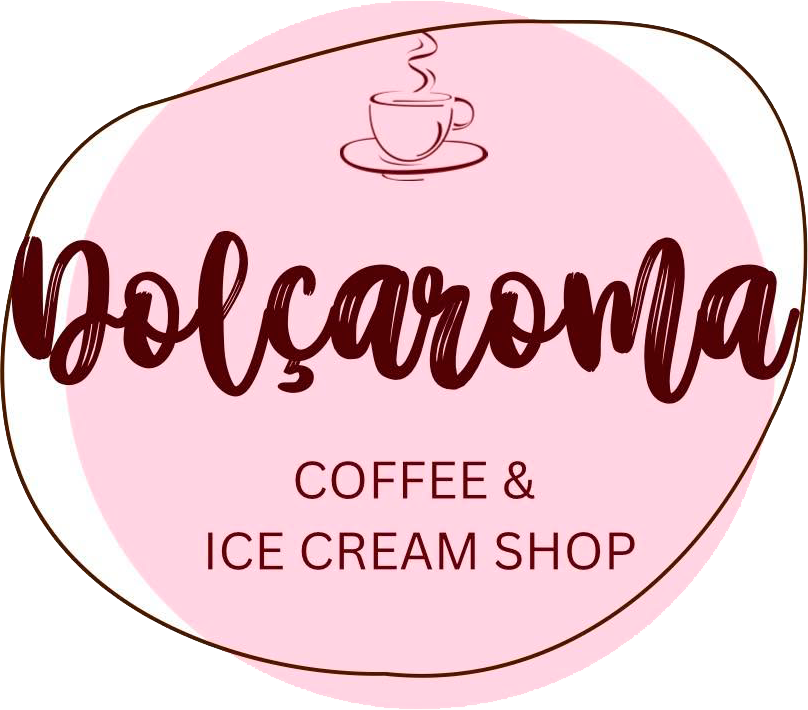 Logotipo de la cafetería y heladería Dolçaroma con óvalo rosa, texto marrón y un icono de taza de café.