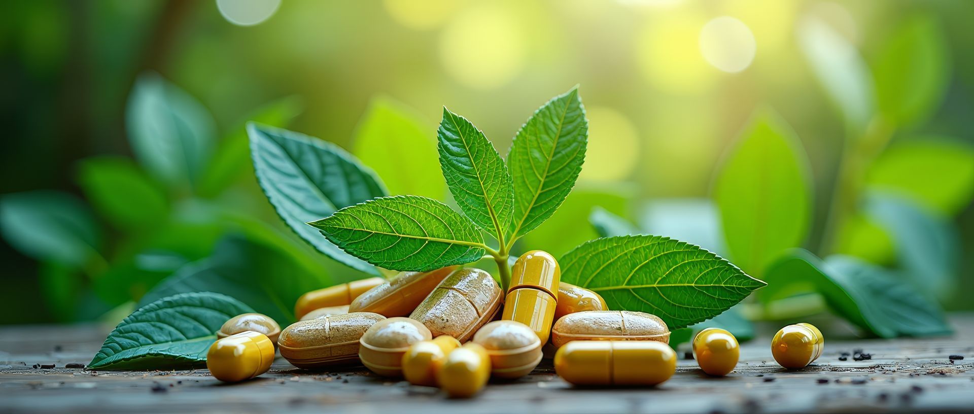 Pilules et feuilles, symbolisant la médecine naturelle, sur une surface en bois avec un fond vert flou.