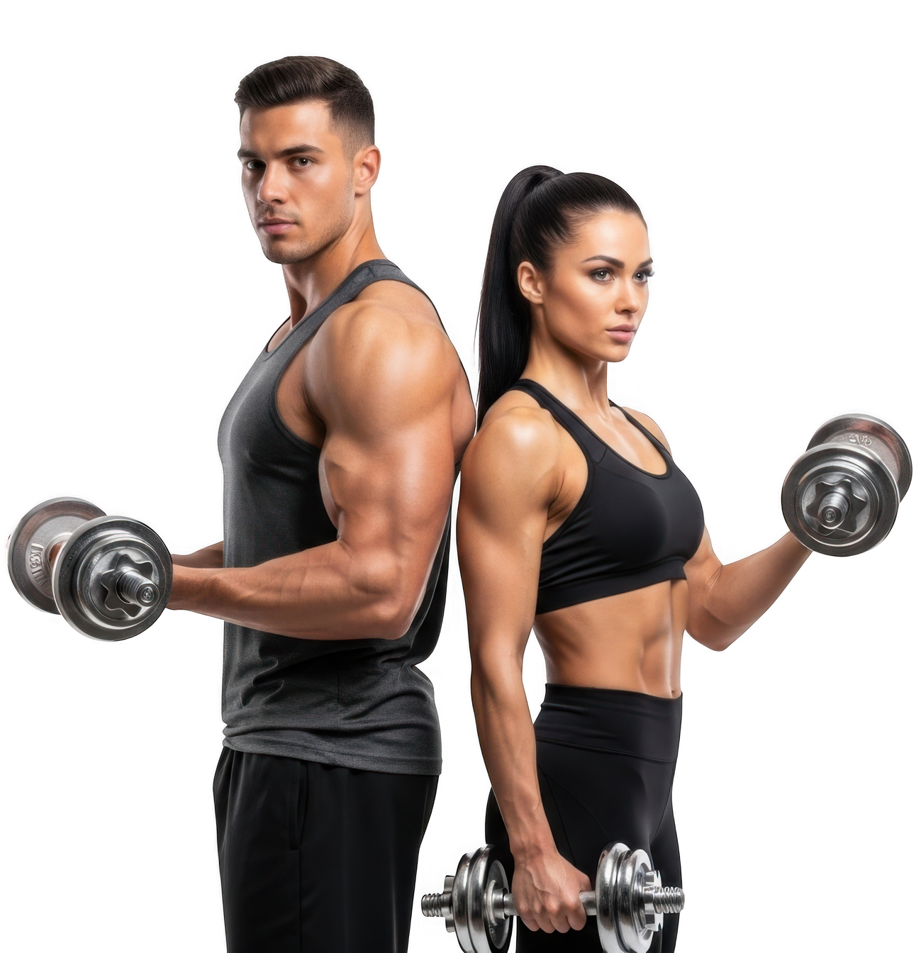 Un homme et une femme, haltères à la main, se tiennent dos à dos. Tous deux portent une tenue de sport.