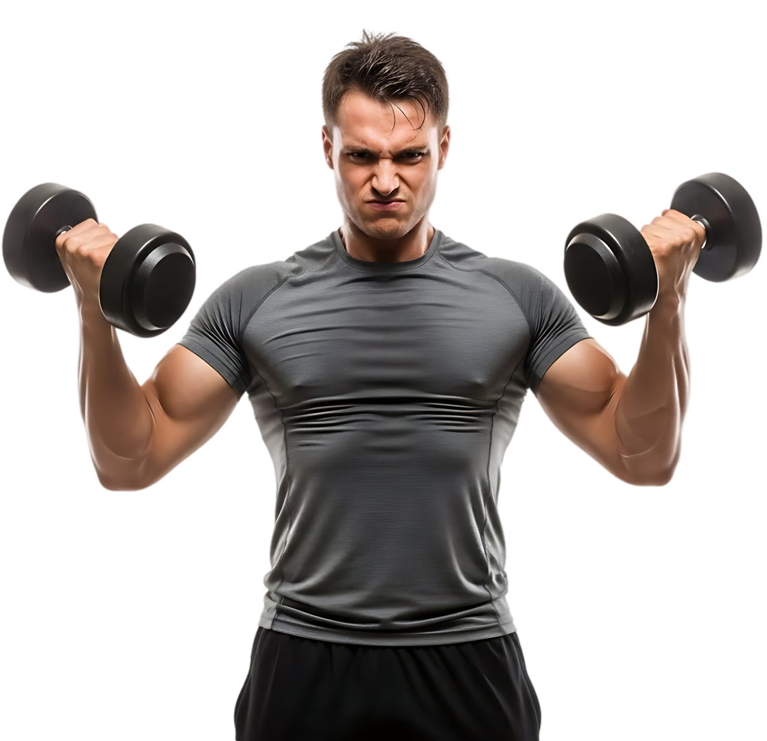 Un homme soulève des haltères avec une expression tendue.