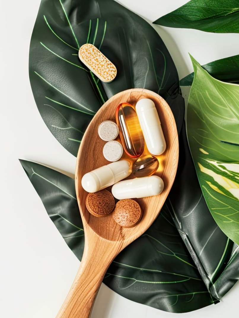 Cuillère en bois remplie de pilules et de capsules diverses, posée sur de grandes feuilles vertes.