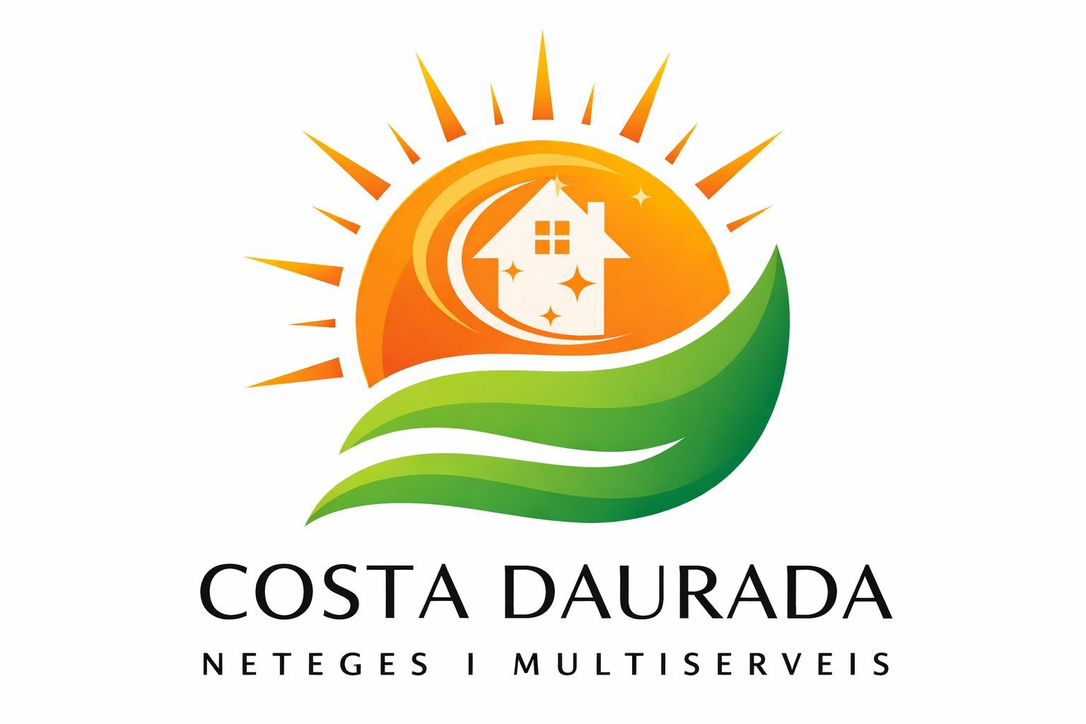 Un logotipo que muestra un amanecer detr&aacute;s de la silueta de una casa blanca, situado sobre dos hojas verdes